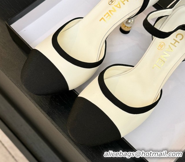 Trendy Design Chanel Calfskin & Grosgrain Mary Janes Pump 8.5cm with Pearls Heel White 2025 CH061009