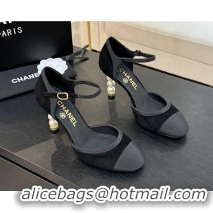 Unique Style Chanel Suede & Grosgrain Mary Janes Pump 8.5cm with Pearls Heel Black 2025 CH061009