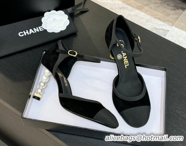 Unique Style Chanel Suede & Grosgrain Mary Janes Pump 8.5cm with Pearls Heel Black 2025 CH061009