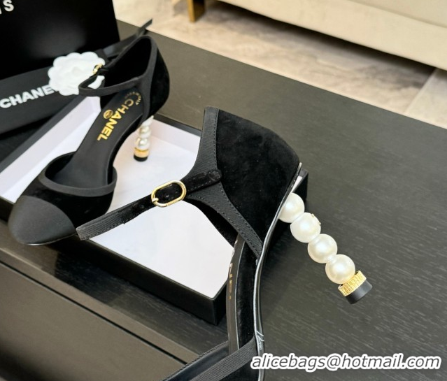 Unique Style Chanel Suede & Grosgrain Mary Janes Pump 8.5cm with Pearls Heel Black 2025 CH061009