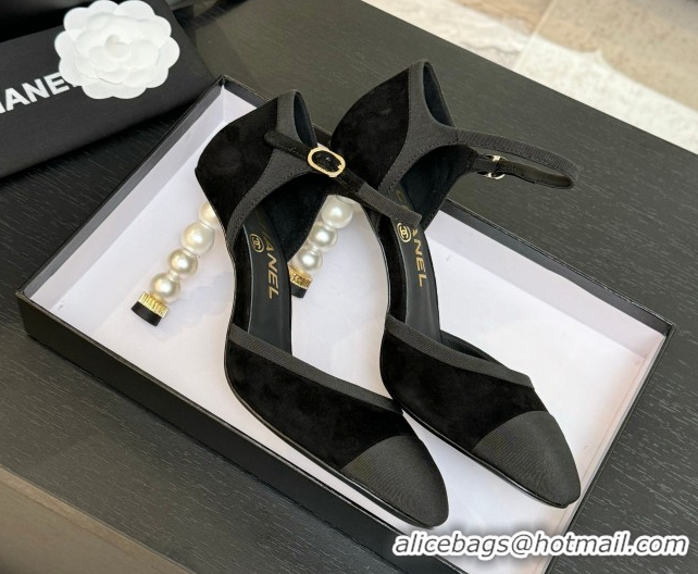 Unique Style Chanel Suede & Grosgrain Mary Janes Pump 8.5cm with Pearls Heel Black 2025 CH061009