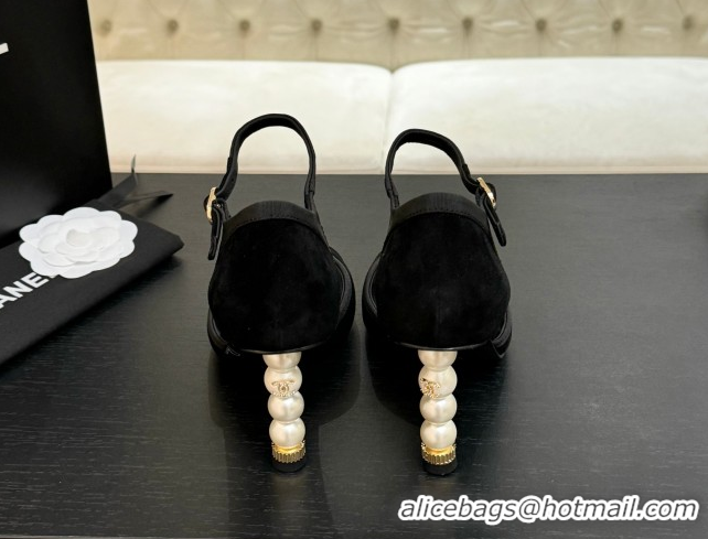 Unique Style Chanel Suede & Grosgrain Mary Janes Pump 8.5cm with Pearls Heel Black 2025 CH061009