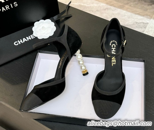 Unique Style Chanel Suede & Grosgrain Mary Janes Pump 8.5cm with Pearls Heel Black 2025 CH061009