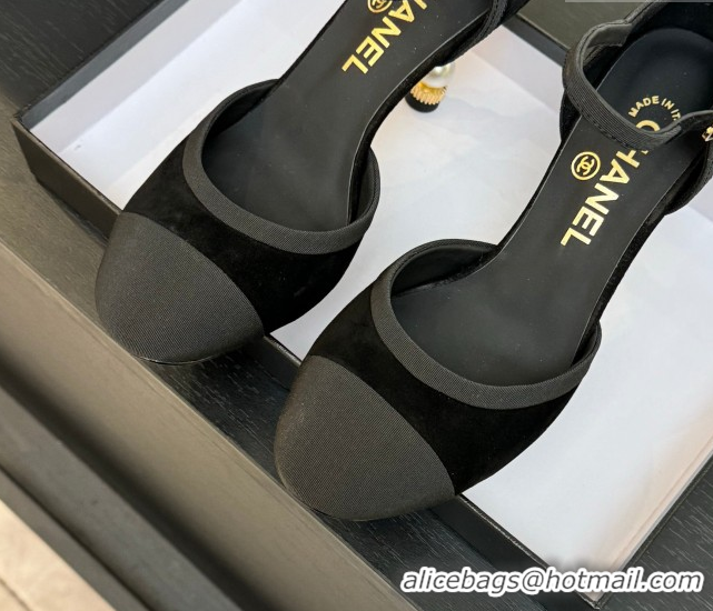Unique Style Chanel Suede & Grosgrain Mary Janes Pump 8.5cm with Pearls Heel Black 2025 CH061009