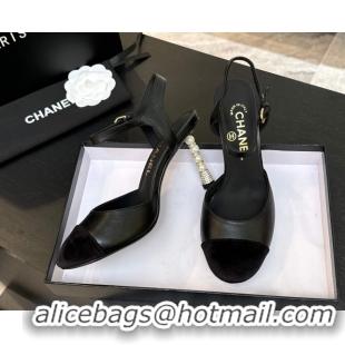 Shop Cheap Chanel Calfskin & Suede Mary Janes Pump 8.5cm with Pearls Heel Black CH061009
