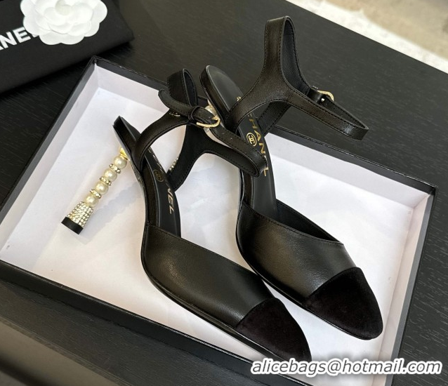 Shop Cheap Chanel Calfskin & Suede Mary Janes Pump 8.5cm with Pearls Heel Black CH061009