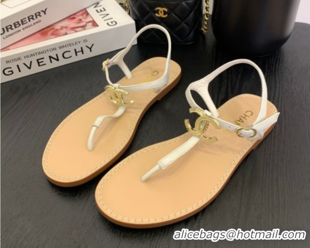 Sophisticated Chanel Calfskin Flat Thong Sandals with CC White 2025 CH061011