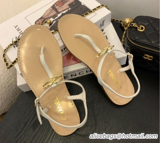 Sophisticated Chanel Calfskin Flat Thong Sandals with CC White 2025 CH061011