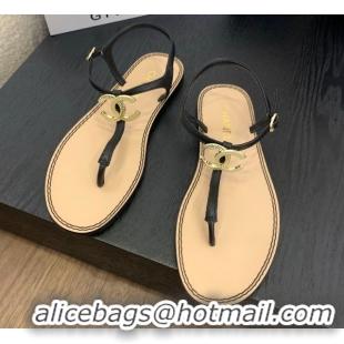 1:1 aaaaa Chanel Calfskin Flat Thong Sandals with CC Black 2025 CH061011