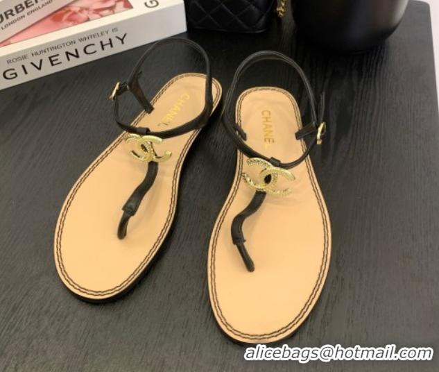 1:1 aaaaa Chanel Calfskin Flat Thong Sandals with CC Black 2025 CH061011