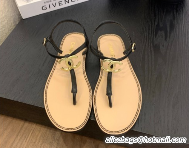 1:1 aaaaa Chanel Calfskin Flat Thong Sandals with CC Black 2025 CH061011