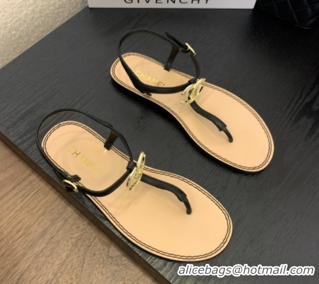 1:1 aaaaa Chanel Calfskin Flat Thong Sandals with CC Black 2025 CH061011