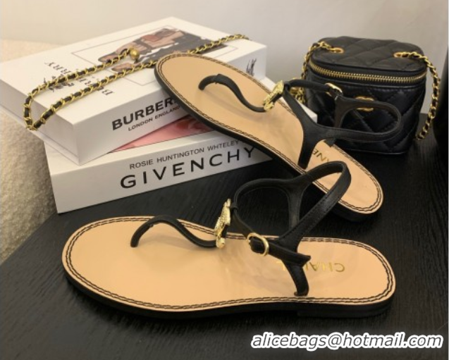 1:1 aaaaa Chanel Calfskin Flat Thong Sandals with CC Black 2025 CH061011