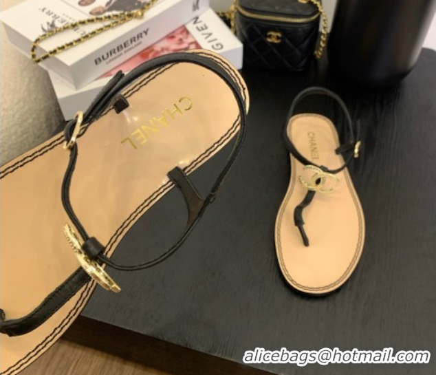 1:1 aaaaa Chanel Calfskin Flat Thong Sandals with CC Black 2025 CH061011