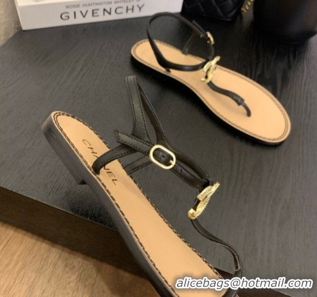 1:1 aaaaa Chanel Calfskin Flat Thong Sandals with CC Black 2025 CH061011
