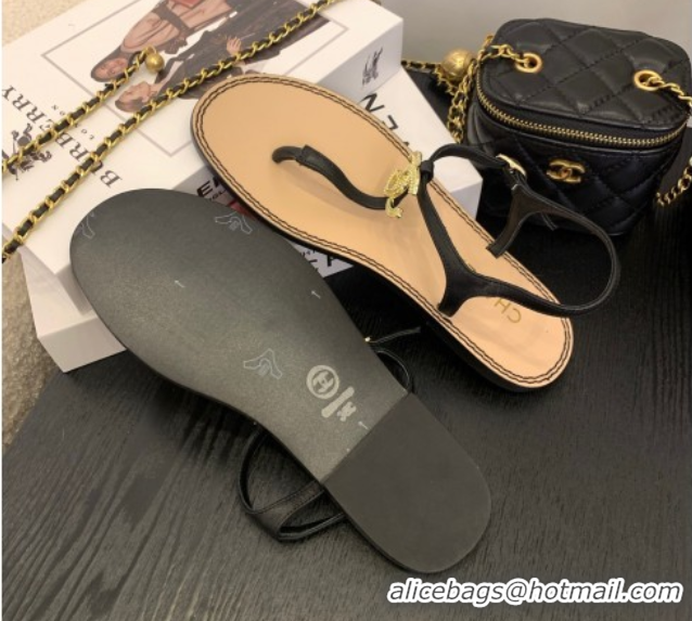 1:1 aaaaa Chanel Calfskin Flat Thong Sandals with CC Black 2025 CH061011