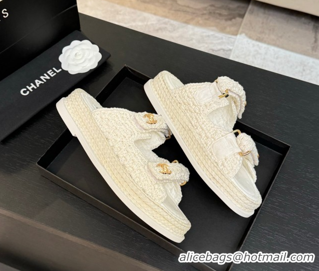 1:1 Chanel Crochet Strap Flat Slides Sandal White 2025 CH061012