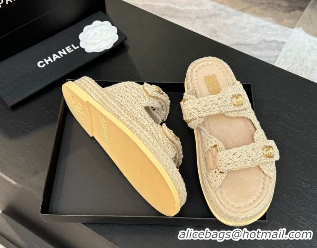 Sumptuous Chanel Crochet Strap Flat Slides Sandal Beige 2025 CH061012