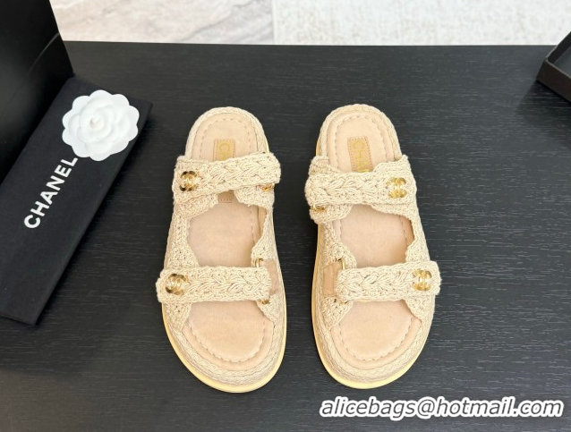 Sumptuous Chanel Crochet Strap Flat Slides Sandal Beige 2025 CH061012
