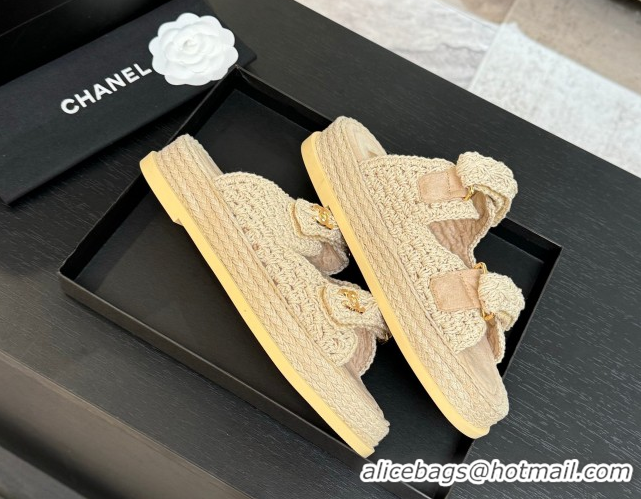 Sumptuous Chanel Crochet Strap Flat Slides Sandal Beige 2025 CH061012