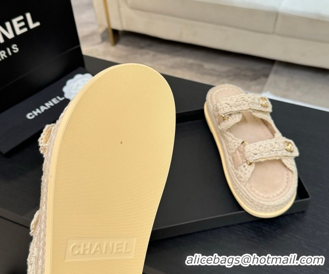Sumptuous Chanel Crochet Strap Flat Slides Sandal Beige 2025 CH061012