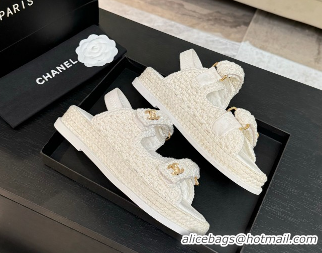 Top Design Chanel Crochet Strap Flat Sandals White 2025 CH061012