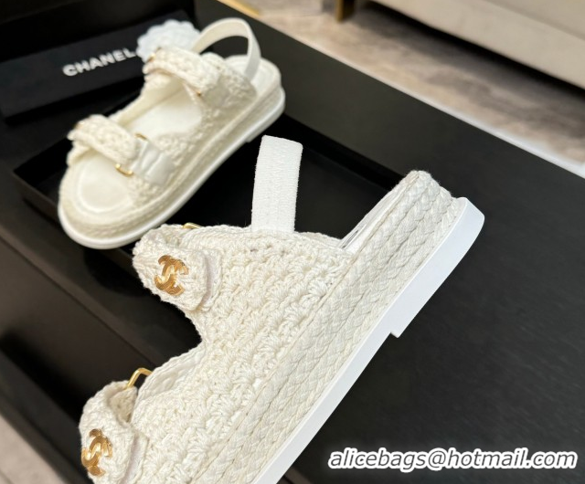 Top Design Chanel Crochet Strap Flat Sandals White 2025 CH061012