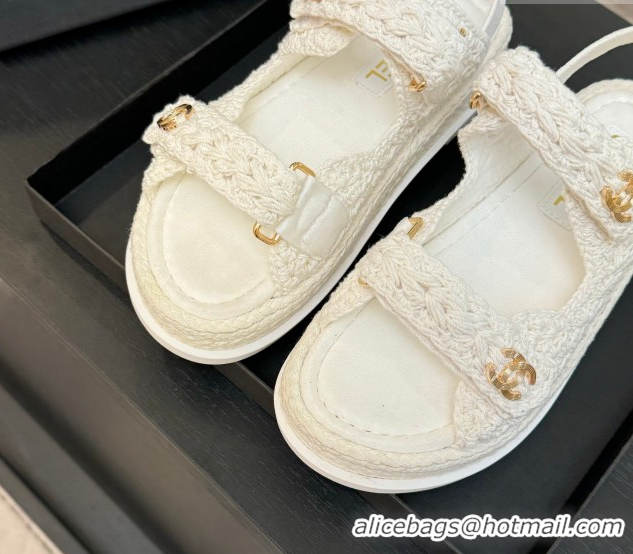 Top Design Chanel Crochet Strap Flat Sandals White 2025 CH061012