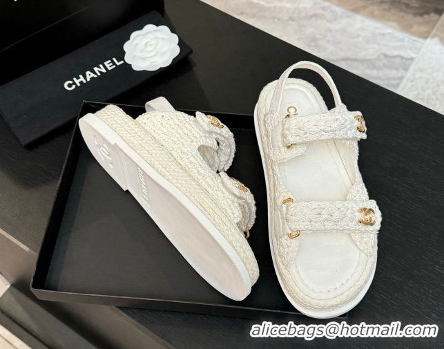 Top Design Chanel Crochet Strap Flat Sandals White 2025 CH061012