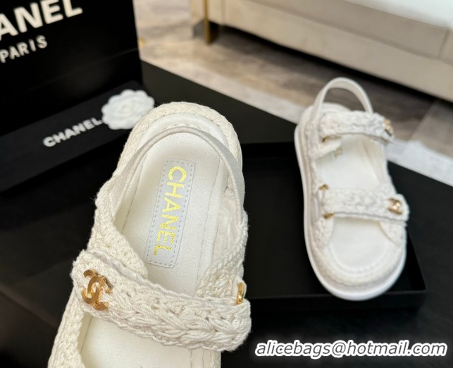 Top Design Chanel Crochet Strap Flat Sandals White 2025 CH061012