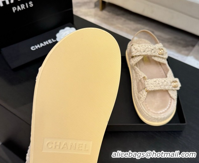 Big Discount Chanel Crochet Strap Flat Sandals Beige 2025 CH061012