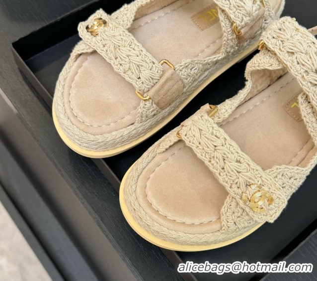 Big Discount Chanel Crochet Strap Flat Sandals Beige 2025 CH061012