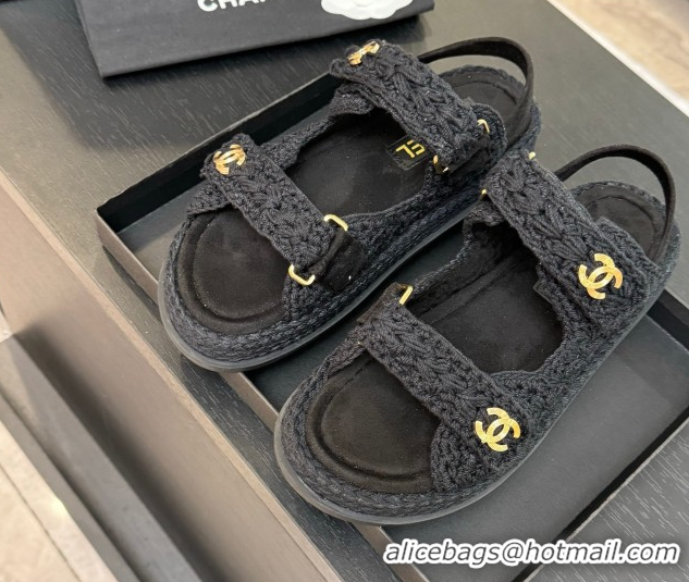Buy Discount Chanel Crochet Strap Flat Sandals Black 2025 CH061012