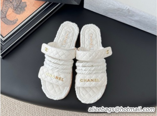 Hot Style Chanel Quilted Calfskin & Cord Slides Sandal White 2025 CH061013