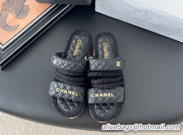 Perfect Chanel Quilted Calfskin & Cord Slides Sandal Black 2025 CH061013