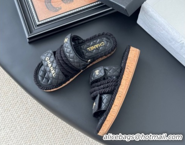 Perfect Chanel Quilted Calfskin & Cord Slides Sandal Black 2025 CH061013