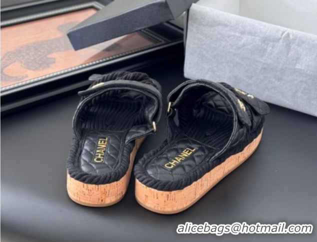 Perfect Chanel Quilted Calfskin & Cord Slides Sandal Black 2025 CH061013