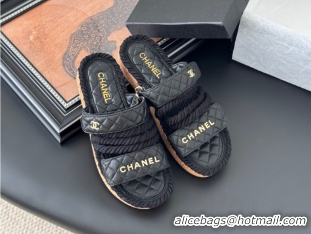 Perfect Chanel Quilted Calfskin & Cord Slides Sandal Black 2025 CH061013