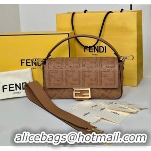 Top Grade Fendi Baguette Medium Bag Cappuccino-colored leather bag with FF interlacing 8680 Brown 2025