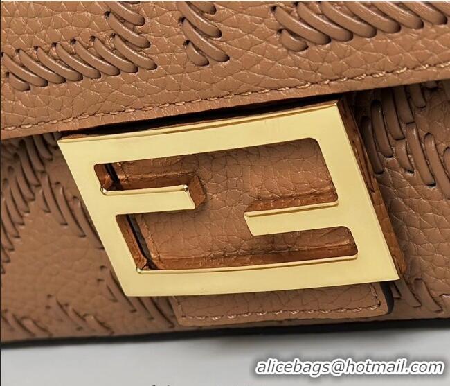 Top Grade Fendi Baguette Medium Bag Cappuccino-colored leather bag with FF interlacing 8680 Brown 2025