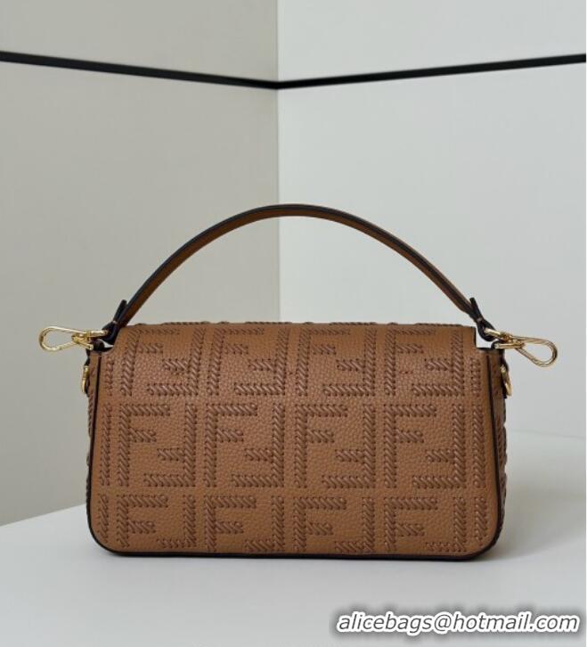Top Grade Fendi Baguette Medium Bag Cappuccino-colored leather bag with FF interlacing 8680 Brown 2025