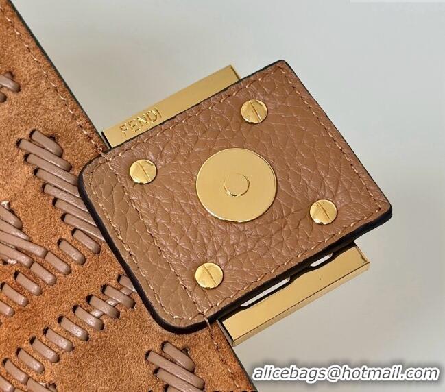 Top Grade Fendi Baguette Medium Bag Cappuccino-colored leather bag with FF interlacing 8680 Brown 2025