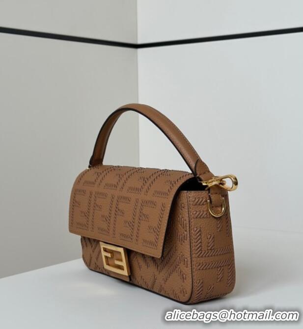 Top Grade Fendi Baguette Medium Bag Cappuccino-colored leather bag with FF interlacing 8680 Brown 2025