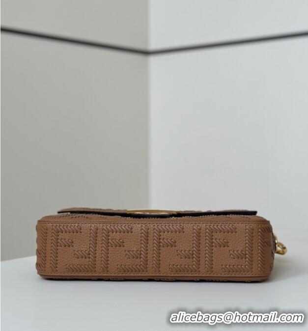Top Grade Fendi Baguette Medium Bag Cappuccino-colored leather bag with FF interlacing 8680 Brown 2025