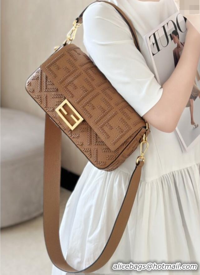 Top Grade Fendi Baguette Medium Bag Cappuccino-colored leather bag with FF interlacing 8680 Brown 2025