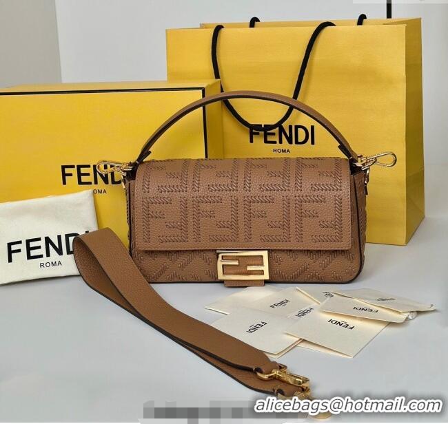 Top Grade Fendi Baguette Medium Bag Cappuccino-colored leather bag with FF interlacing 8680 Brown 2025