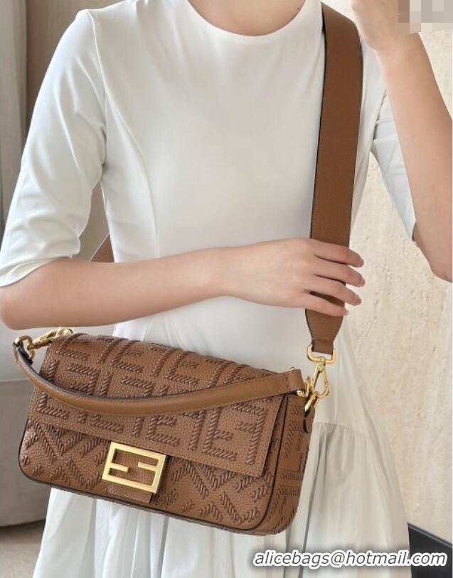 Top Grade Fendi Baguette Medium Bag Cappuccino-colored leather bag with FF interlacing 8680 Brown 2025