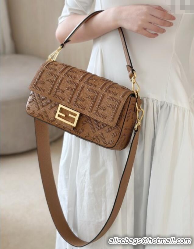 Top Grade Fendi Baguette Medium Bag Cappuccino-colored leather bag with FF interlacing 8680 Brown 2025