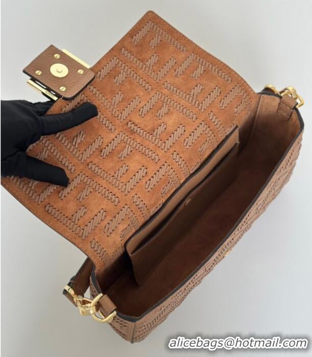 Top Grade Fendi Baguette Medium Bag Cappuccino-colored leather bag with FF interlacing 8680 Brown 2025