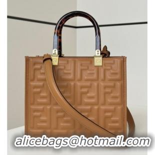Top Design Fendi Sunshine Small Tote Bag in FF Leather 8618 Brown 2025